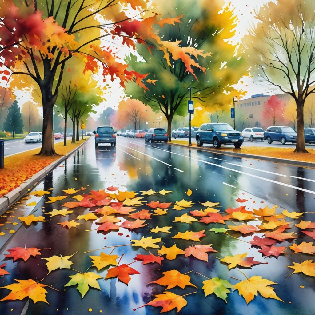 Autumn Leaves Swept Across Parking Lot