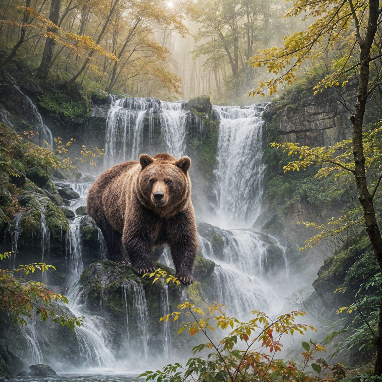 Waterfall Scene with Double Exposure of Bear