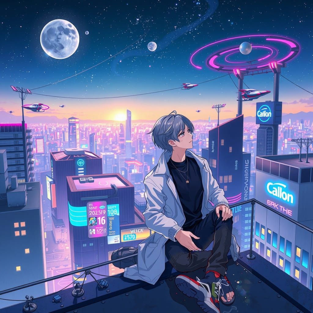 Cyberpunk Anime Couple Gaze at Stars Over Cityscape
