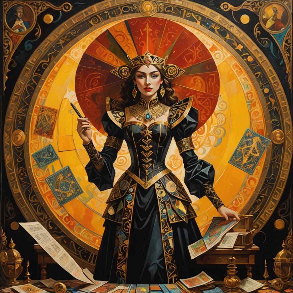 Cubist Woman Surrounded by Tarot Cards and Mystic Symbols