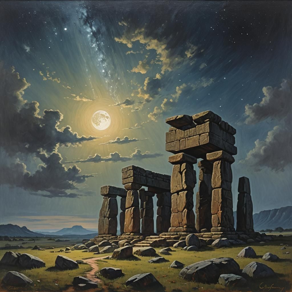 Romantic Megalithic Structure Under Moonlight: Oil Painting
