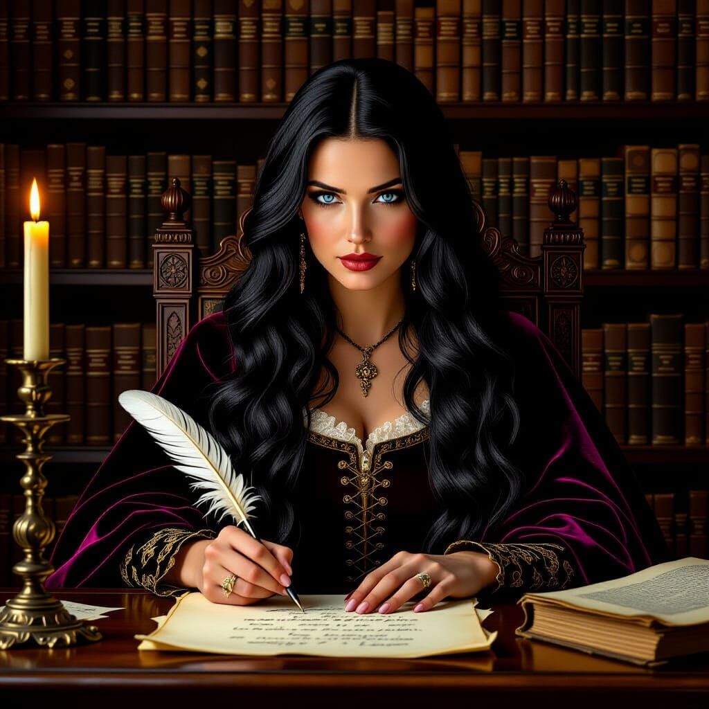 Medieval Woman Writing Letter in Candlelit Study