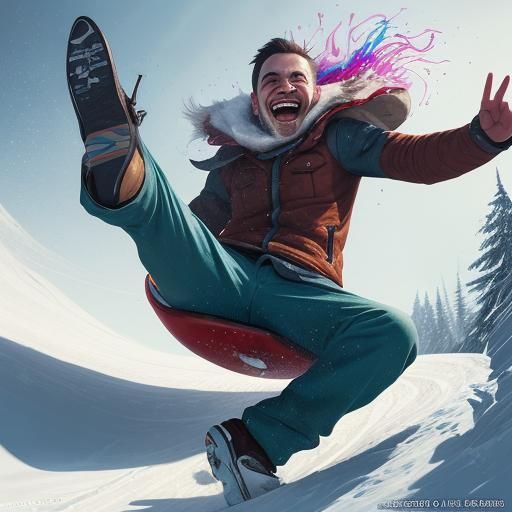 Man Laughing While Sledding: Hyperrealistic Splash Art