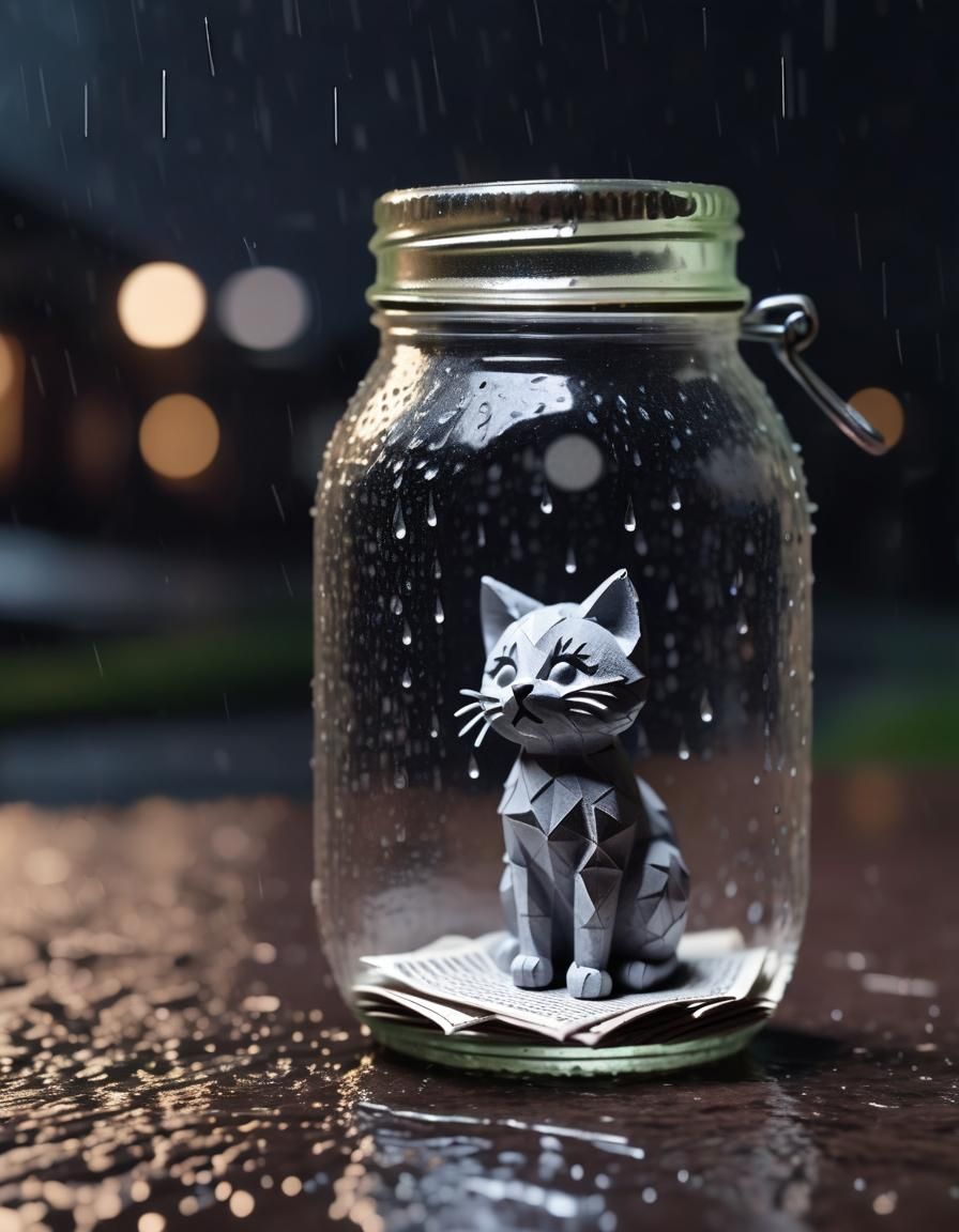 Sad Newspaper Kitten Figurine in Rainy Jar