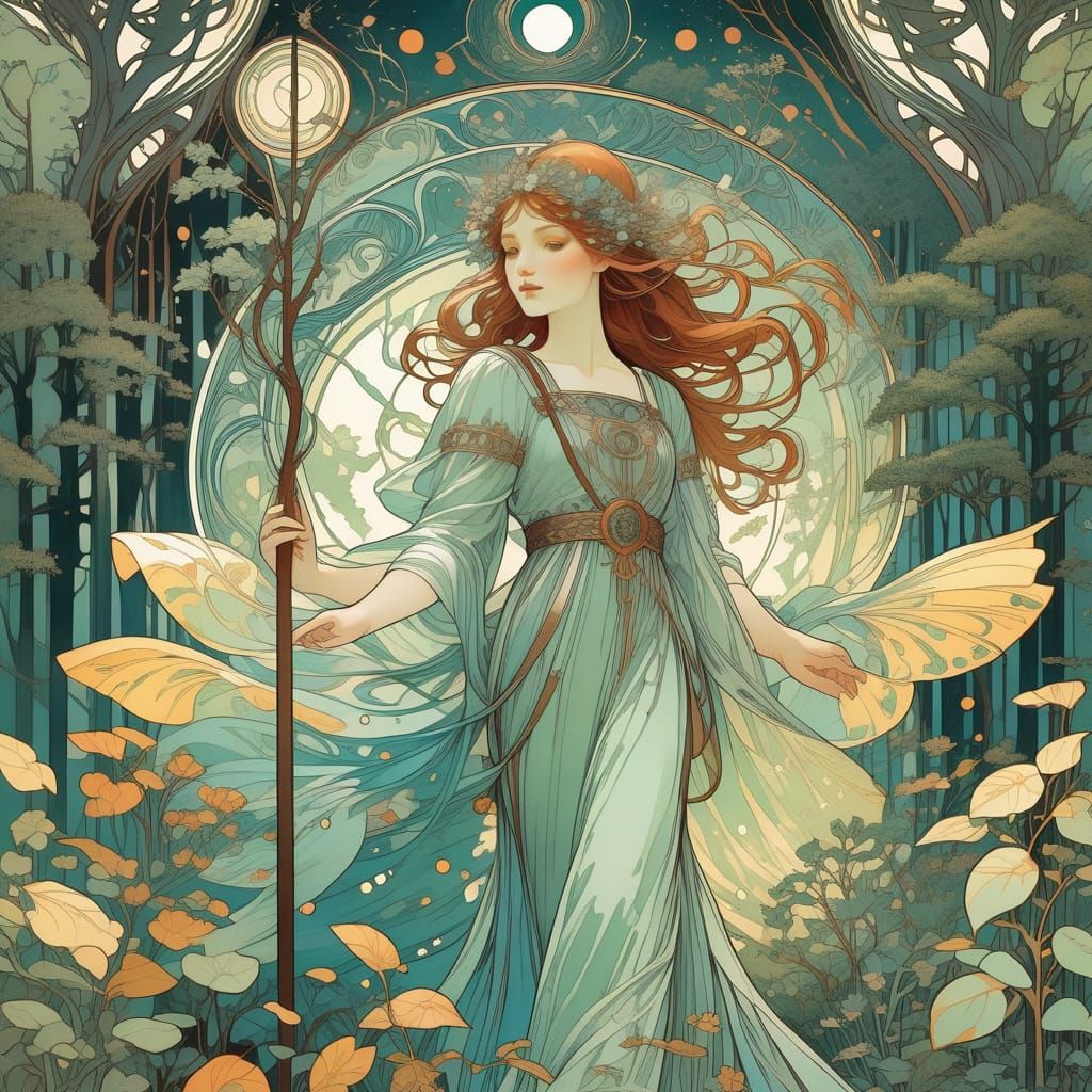 Mythical Forest Illustration in Art Nouveau Style