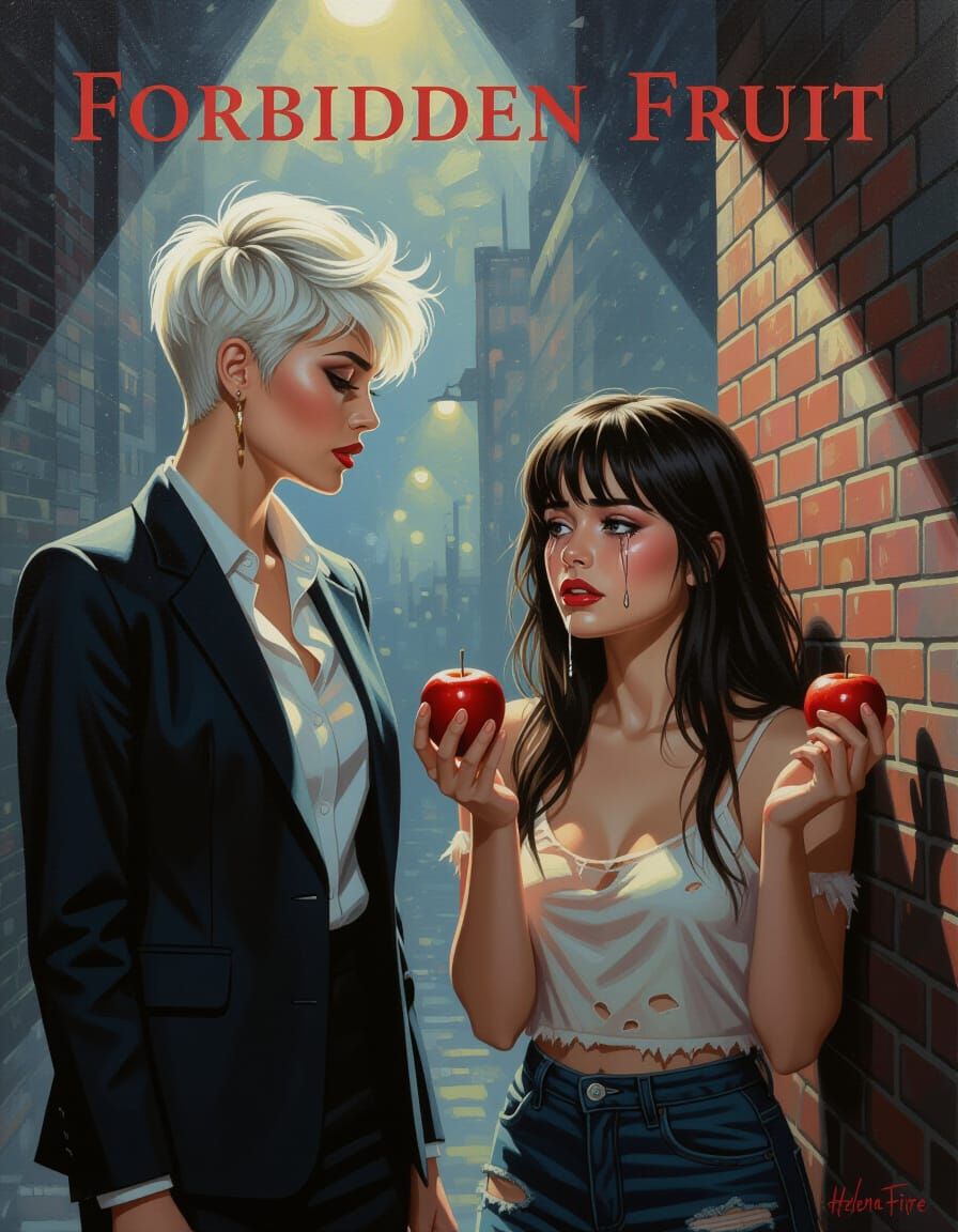 Forbidden Fruit: Oil Painting of Two Women in Dark Alley
