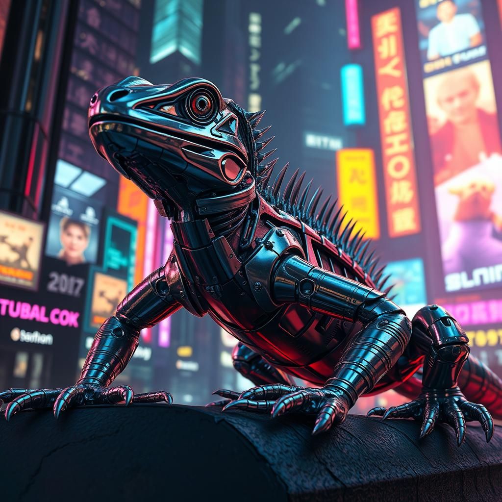 Cyberpunk Metal Lizard in Futuristic Metropolis