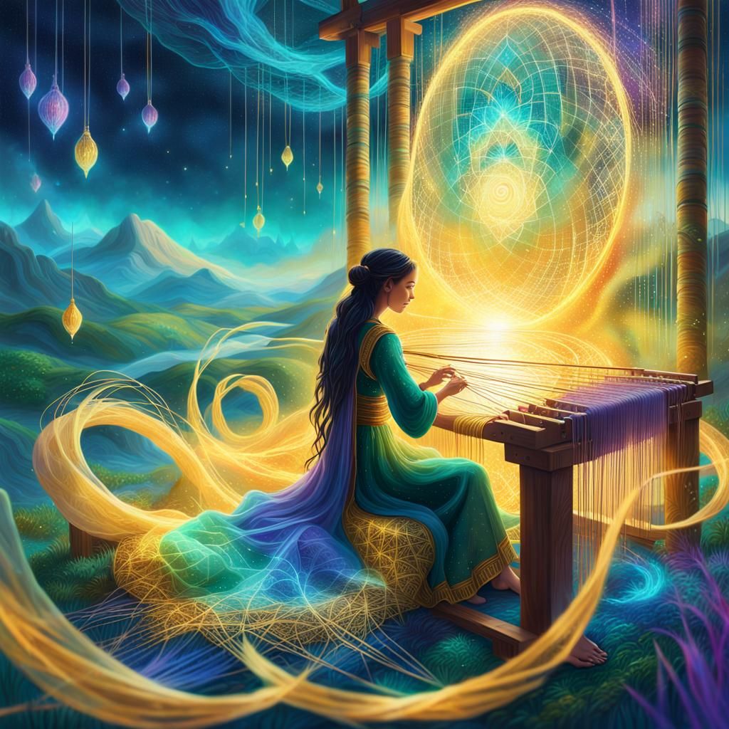 Woman Weaving Worlds in Ethereal Landscape