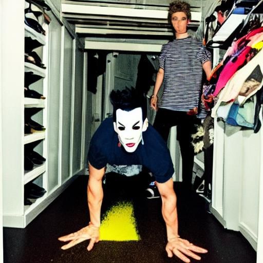James Charles crawling on all fours inside a closet, horror