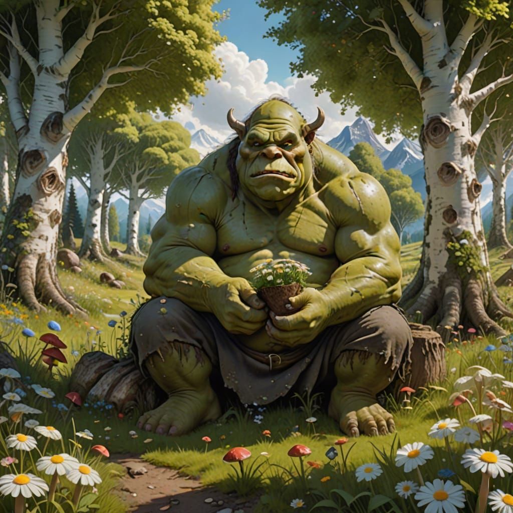 Enormous Ogre Picking Daisies in Dreamy Meadow