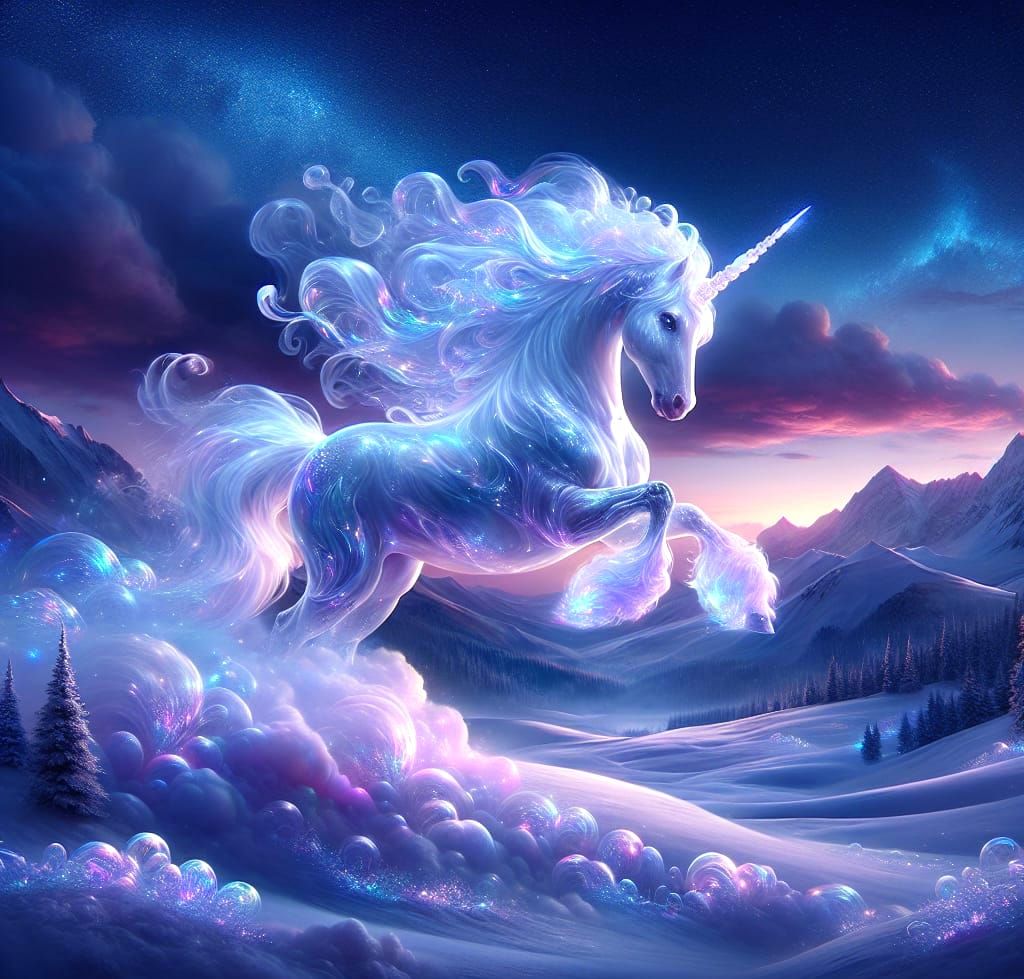 Ethereal Unicorn Gallops Across Snowy Hillside in Dreamlike ...
