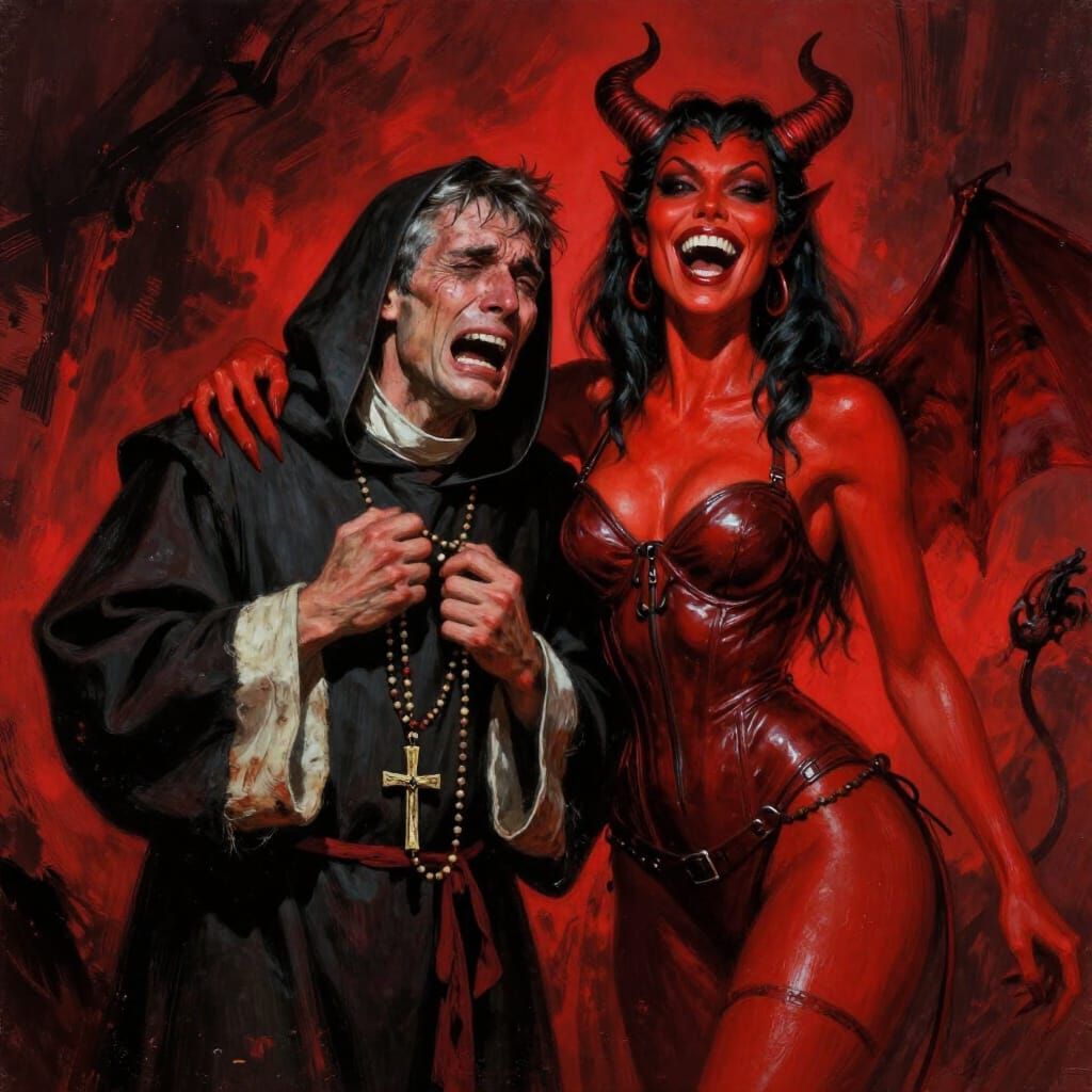 Priest Battles Devil in Pulp Fantasy Art Style