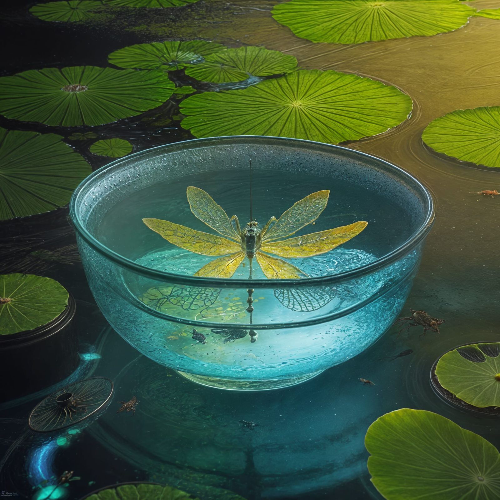 Bioluminescent Pond Ecosystem in Petri Dish: Matte Painting