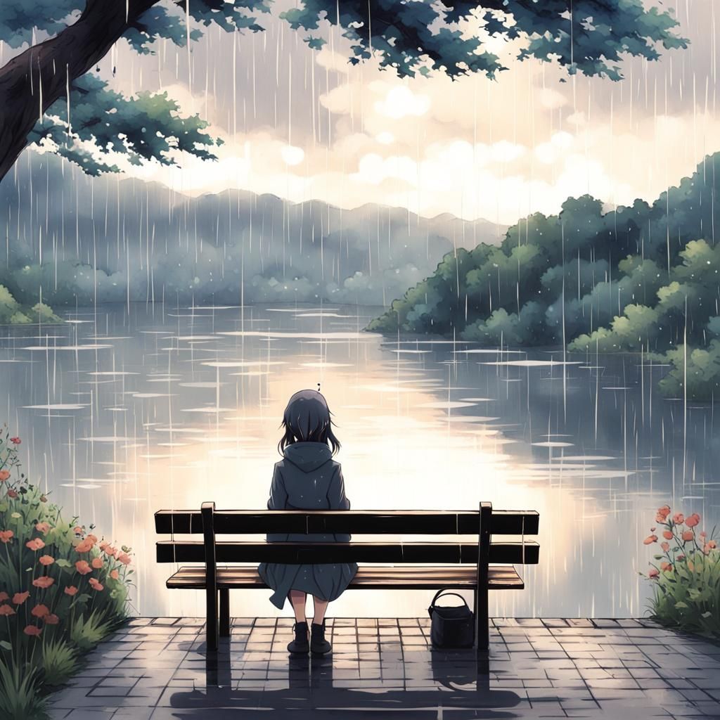 Girl on Bench Watching Rainy Lake: Anime Style