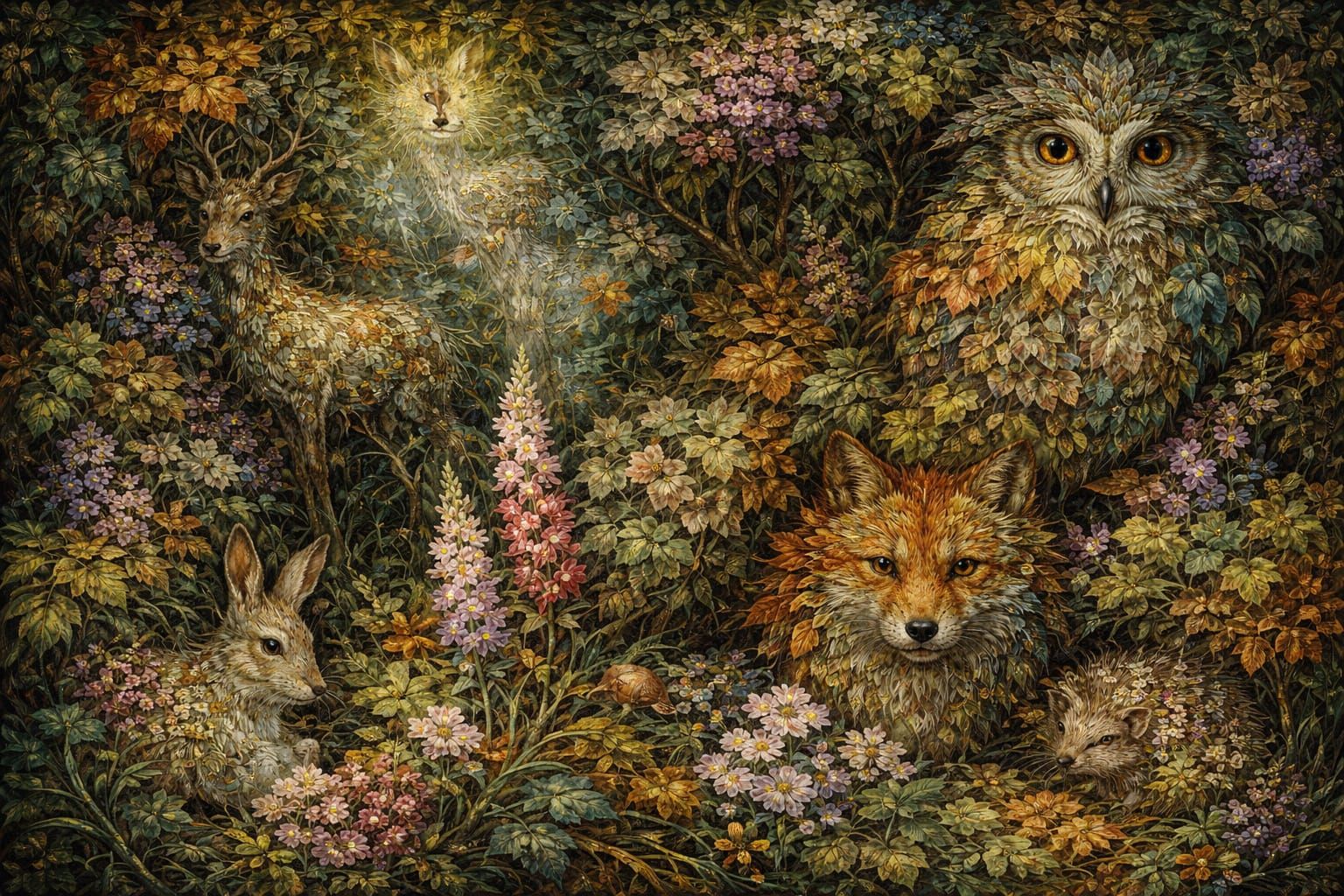 A woodland scene of trees, shrubs and flowers