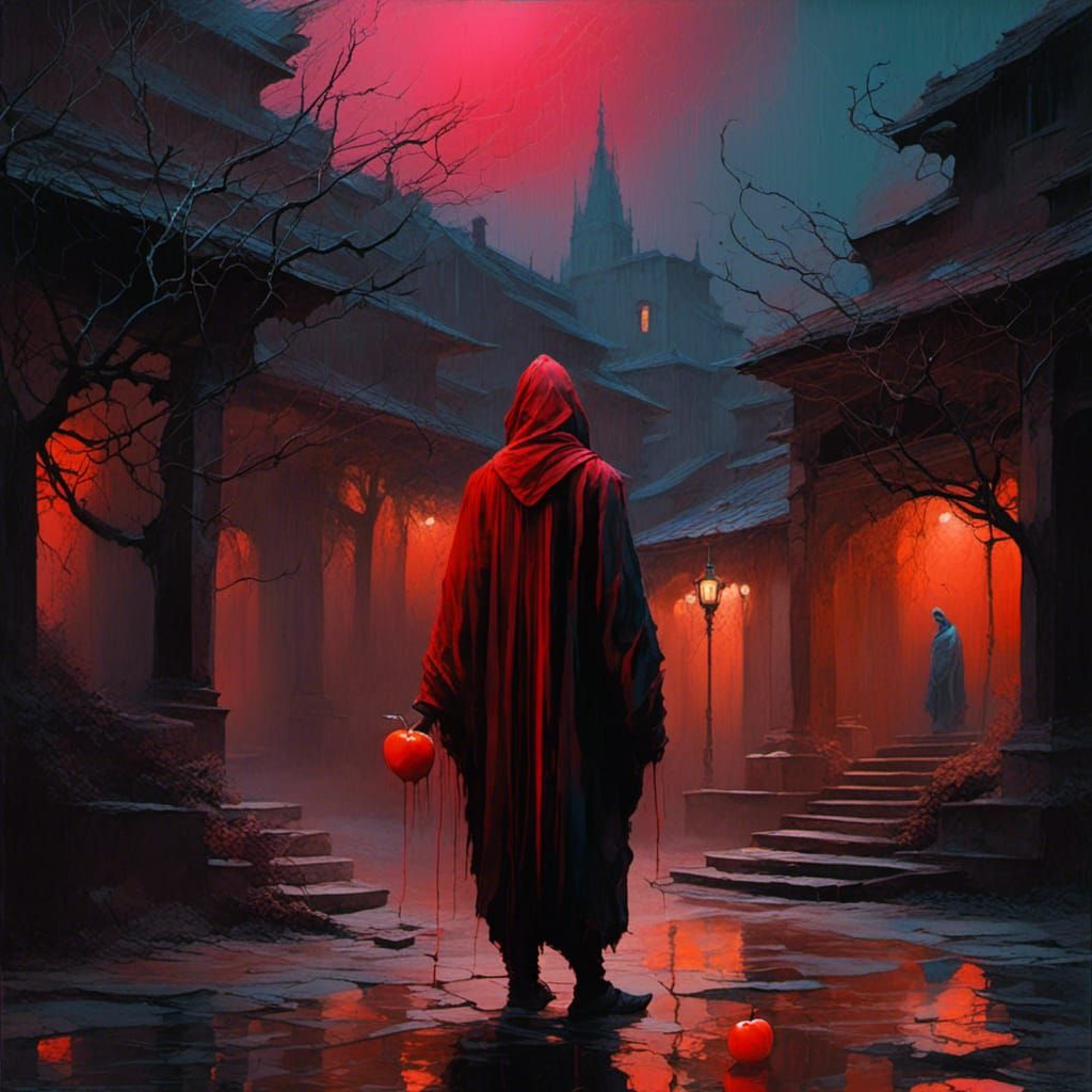 Monk Offering Bioluminescent Apple in Rainy Courtyard