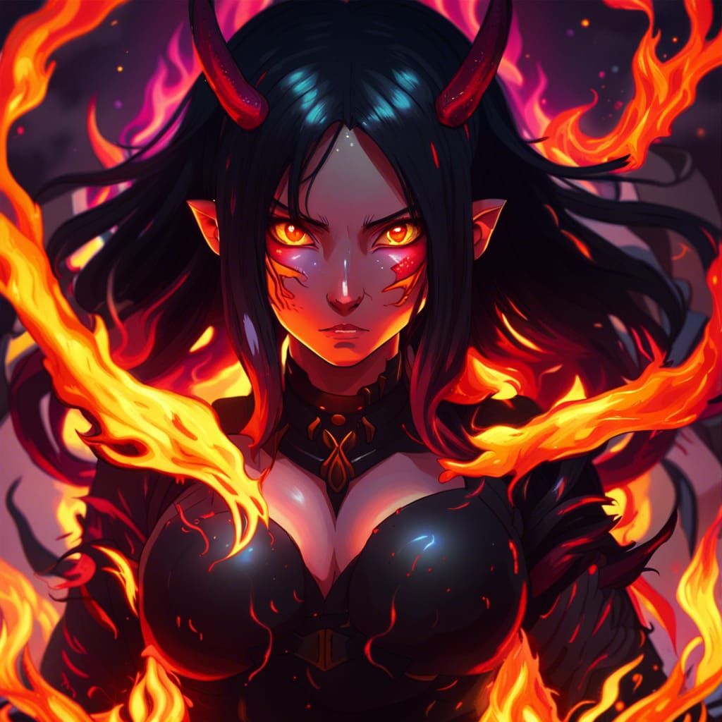 demon girl with long black hair, and glowing eyes and fire i...