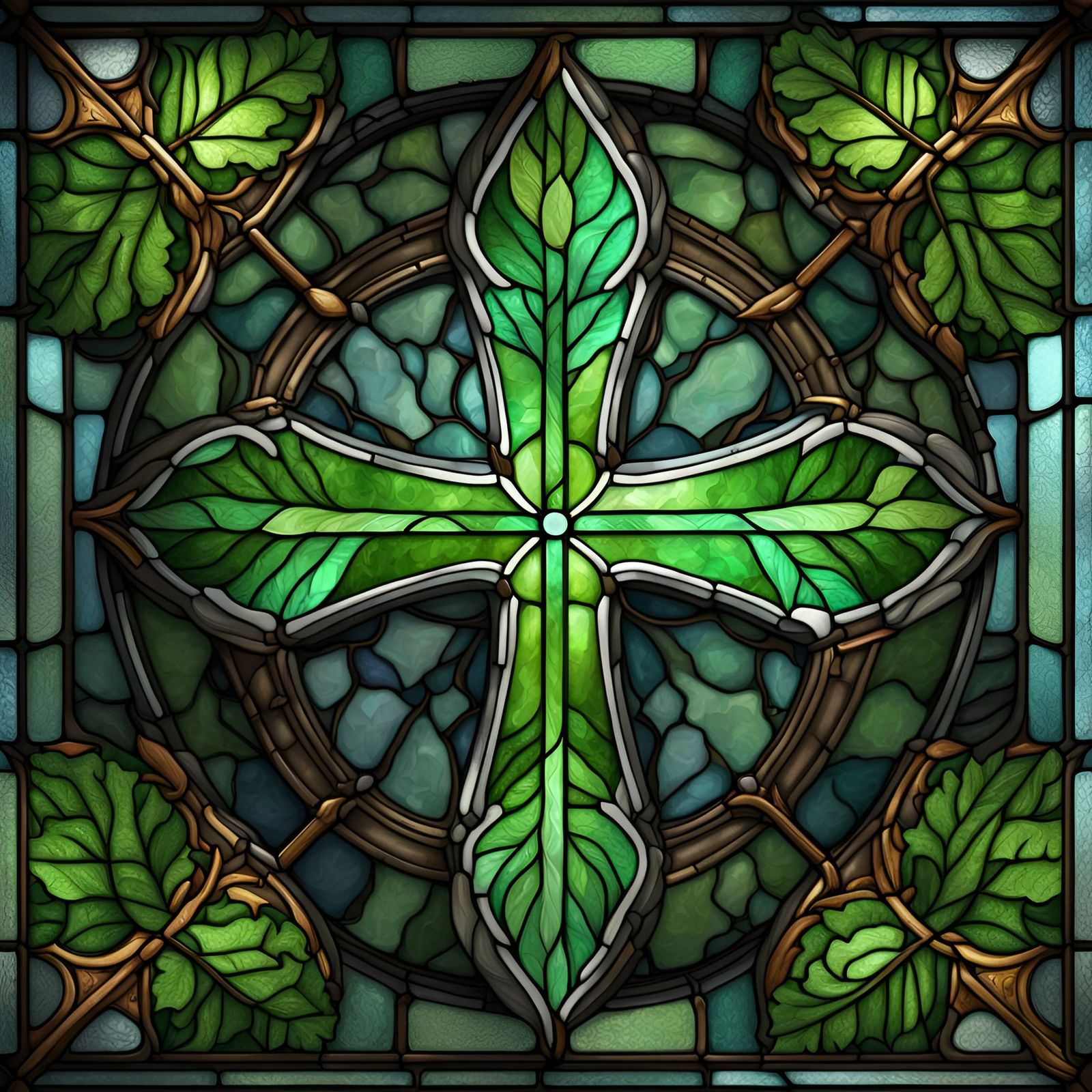 Stained Glass Leaf Cross in Detailed Matte Painting