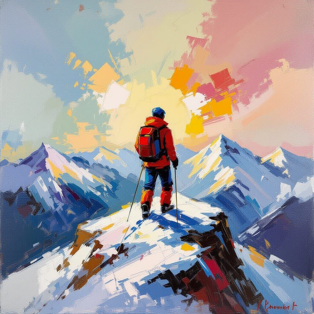 Triumphant Figure on Snowy Summit in Expressionism