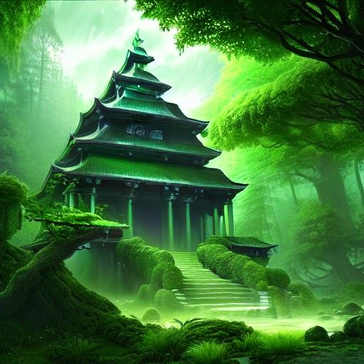 Ethereal Green Temple in Fantasy Forest Concept Art