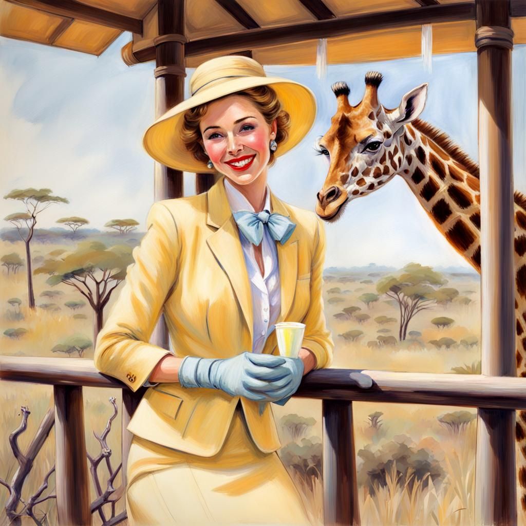 Elegant Woman Shares Breakfast With Giraffe: Pastel Sketch