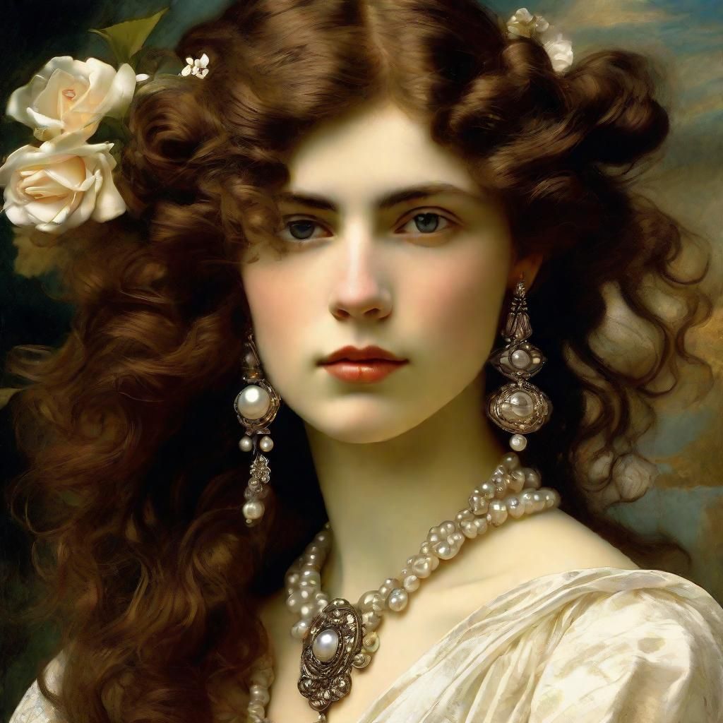 Windblown Maiden with Pearls in Late Romantic Style