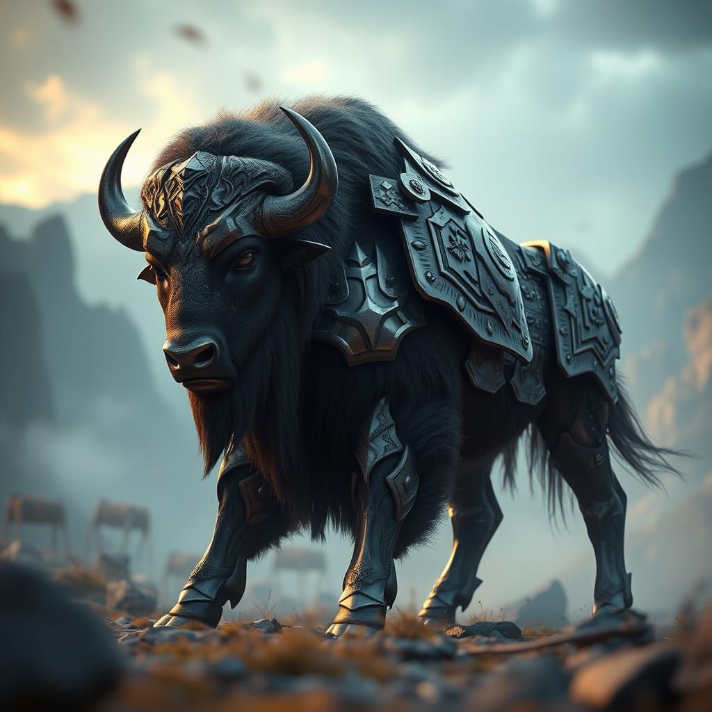 Epic Fantasy Bison Paladin in Majestic Landscape