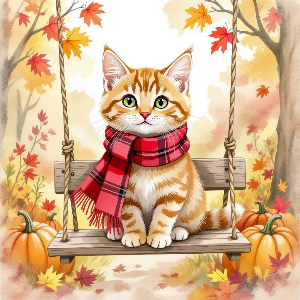 Cute Tabby Cat on Autumn Swing, Watercolor Style