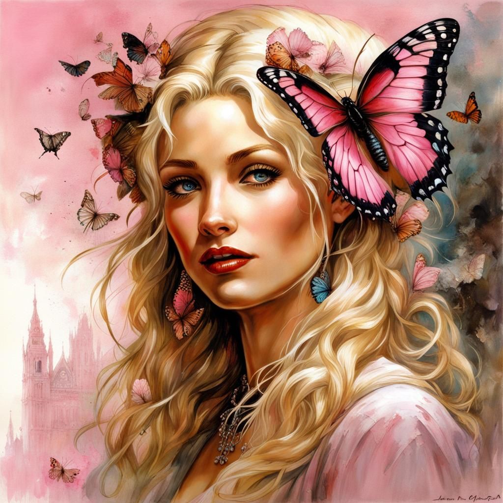 Blonde Woman with Butterflies, in Solarpunk Style
