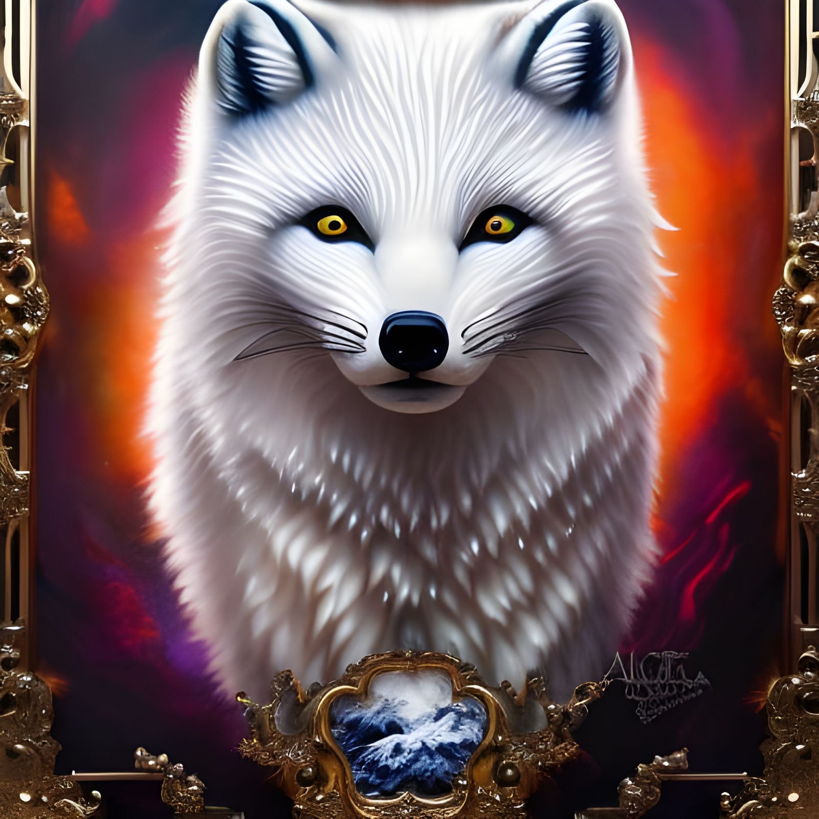 Steampunk Chibi Arctic Fox Portrait in Polychromatic Style