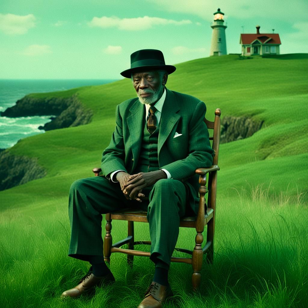 Nostalgic Film Still: Elderly Man on Green Hill