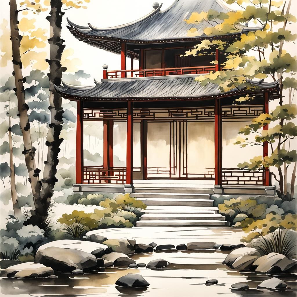 Tranquil Chinese Pavilion in Muted Ink Painting Style