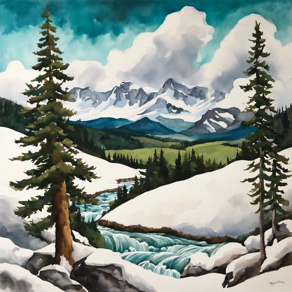 Rolling Hills Landscape in Gouache Watercolor Style