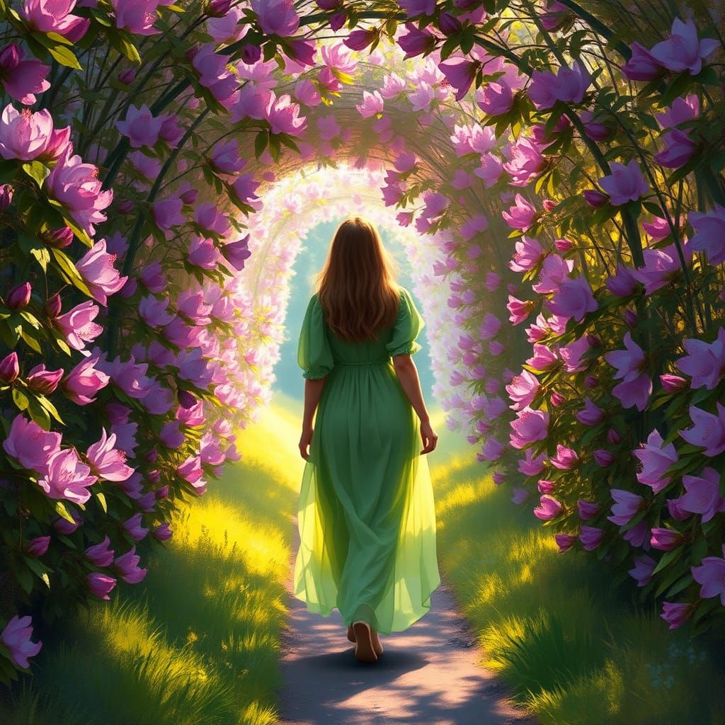 Woman in Rhododendron Tunnel: Impressionistic Irish Landscap...