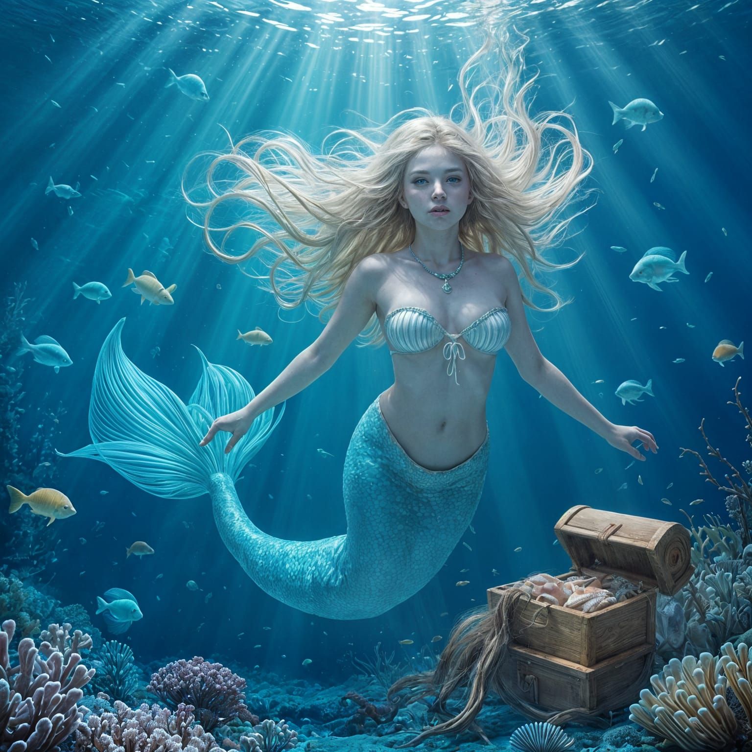 Angelic Mermaid with Silver Teal Tail in Sunlit Ocean