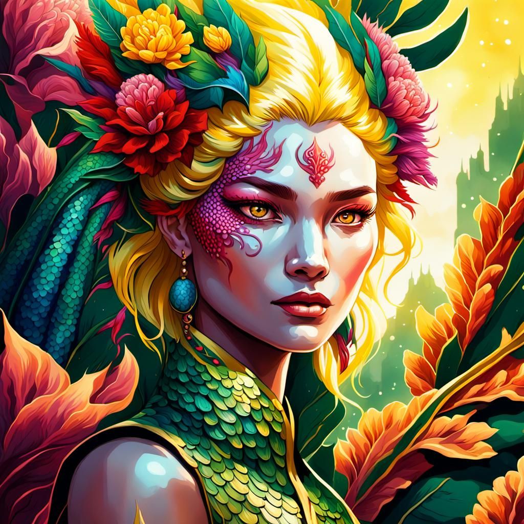 Dragon Peacock Woman Portrait in Comic Book Art