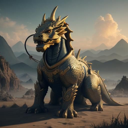 Golden Dragon's Sunset Dance: Surreal 3D Art