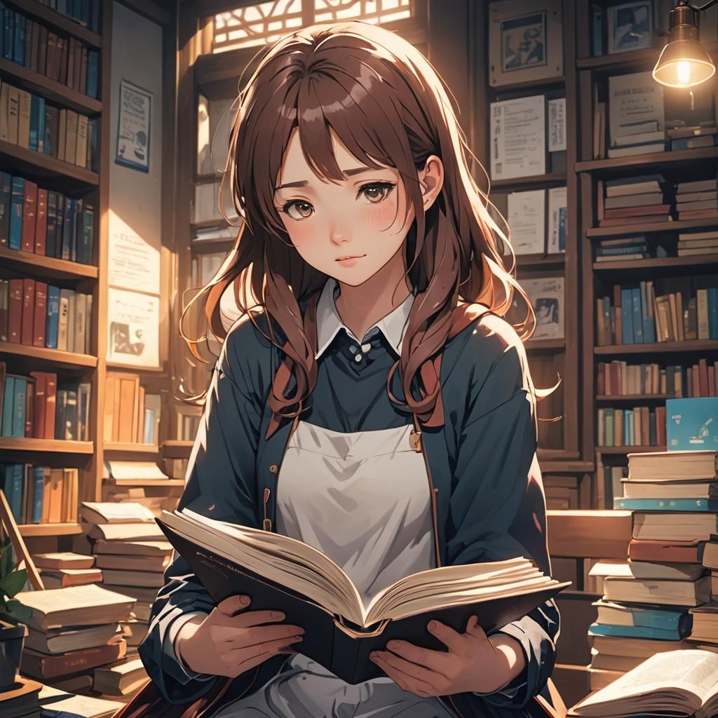 Anime Girl Reading Book in Cel-Shaded Style