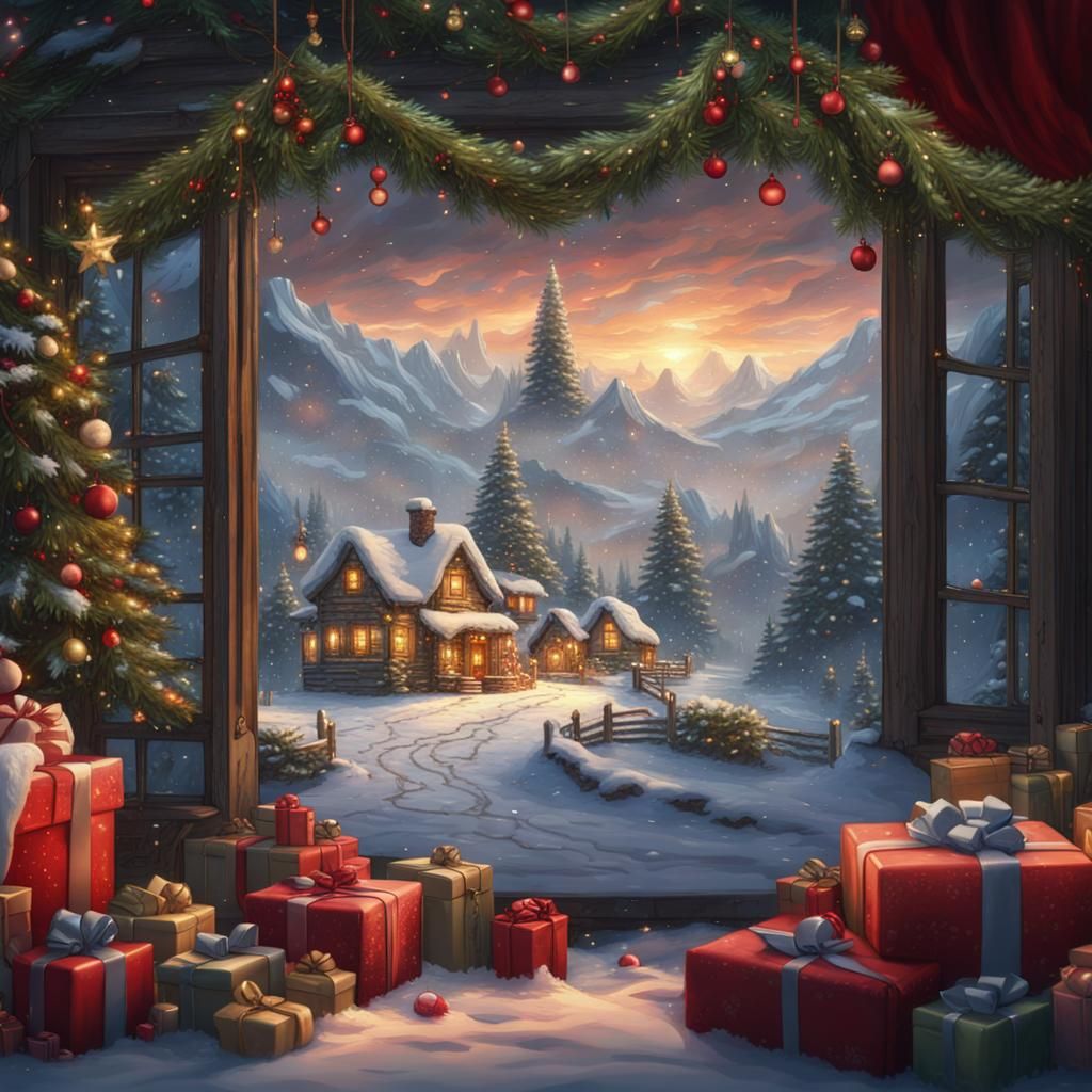 Winter Landscape Cross-Stitch Embroidery with Christmas Tree