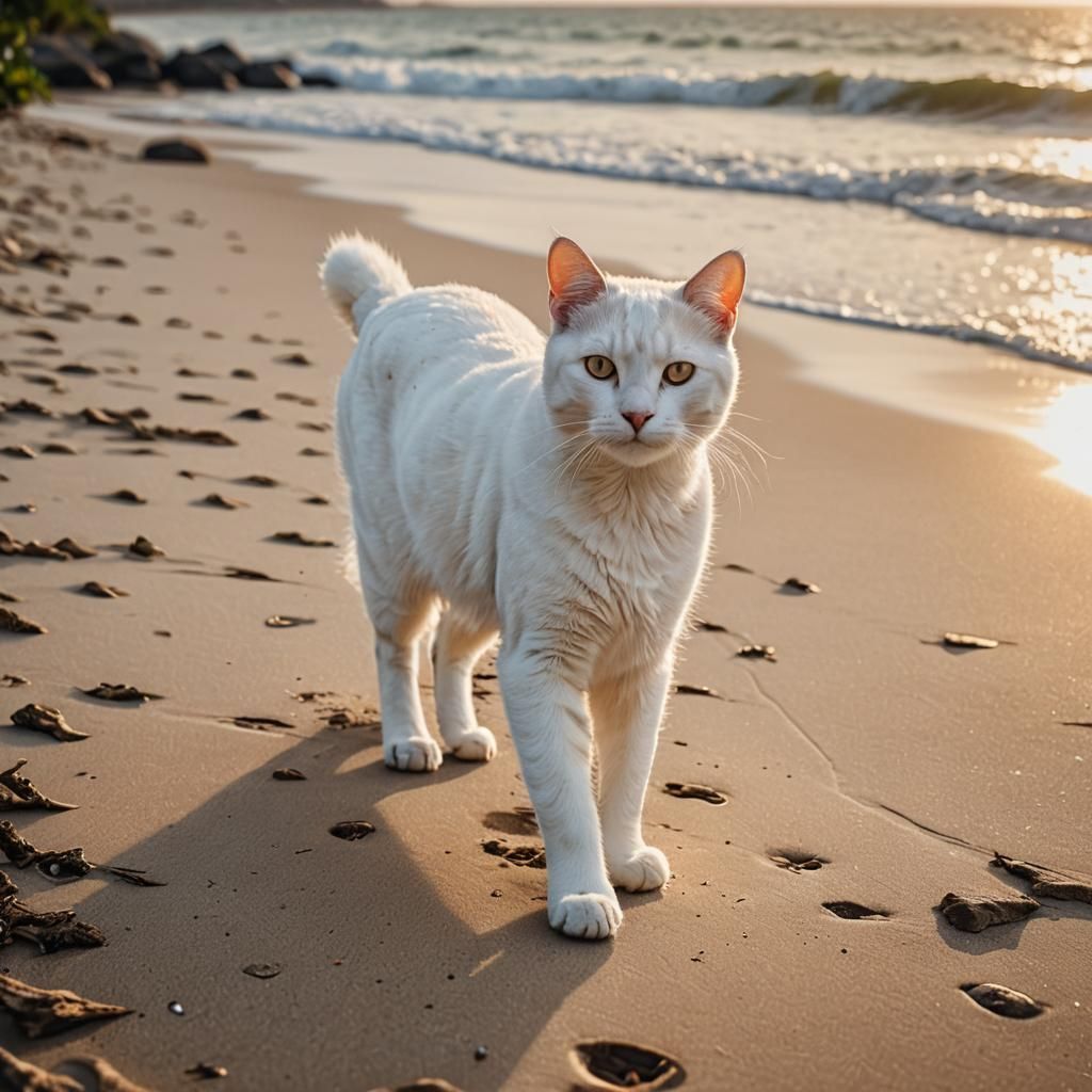 White Cat's Morning Beach Stroll: Wildlife Photography