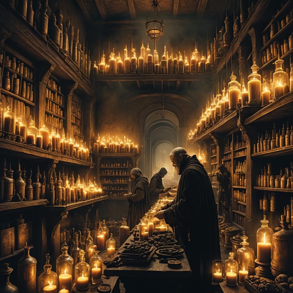 Renaissance Apothecary Scene in Dark Fantasy Style