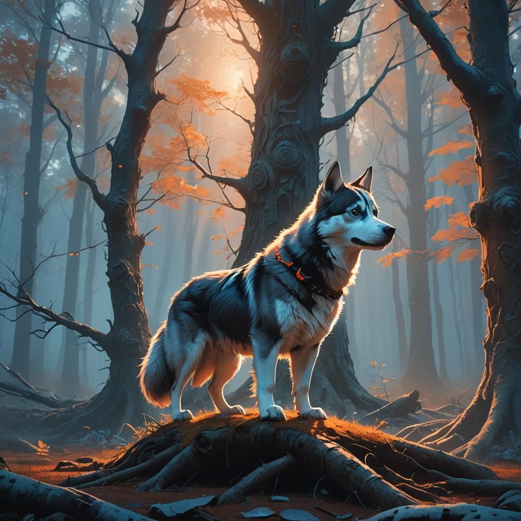 Husky in Mystical Forest: Digital Matte Painting