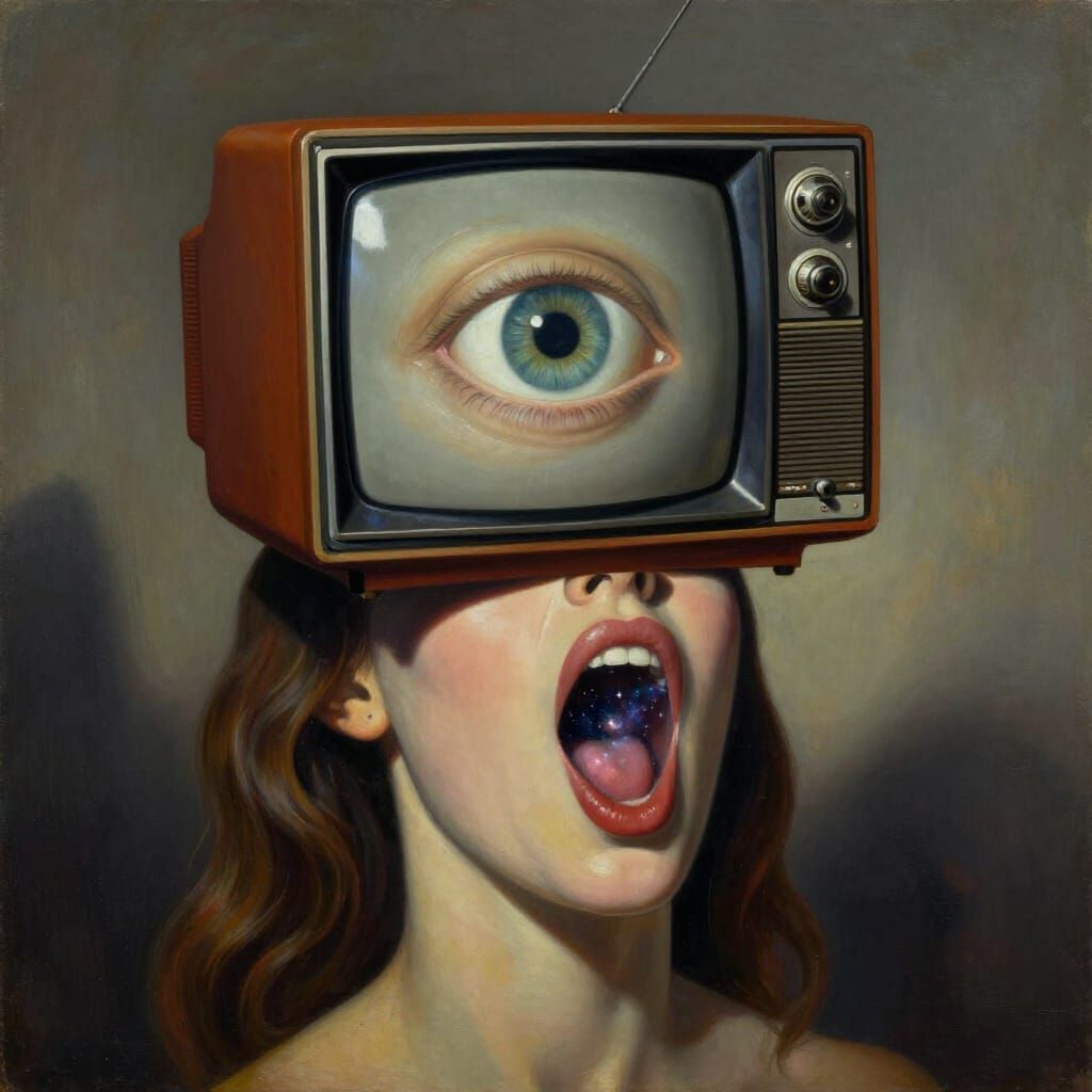Surrealist Painting of a Television Eye and Cosmic Mouth
