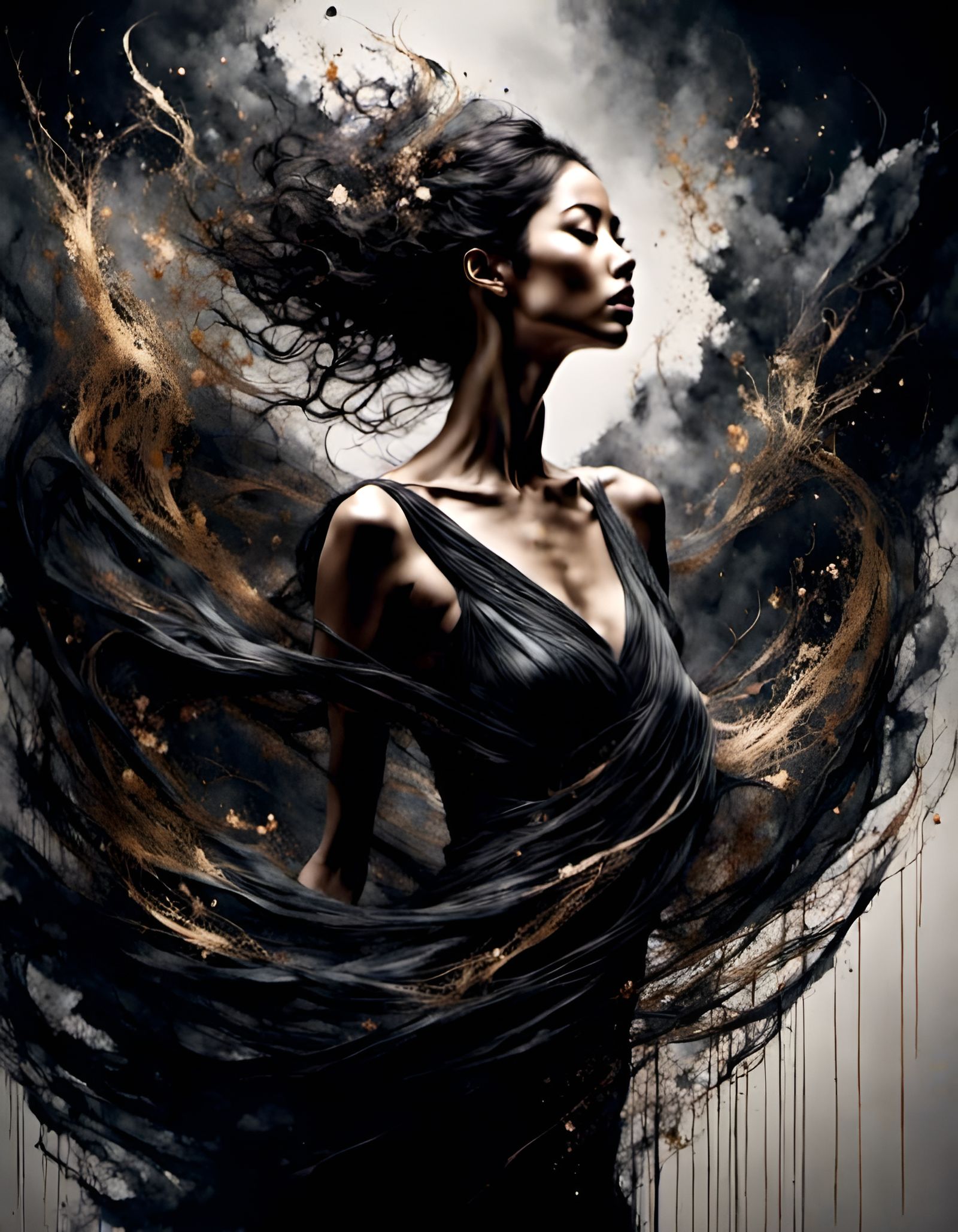 Ethereal Dancer in Black Fabric, Surreal Digital Art