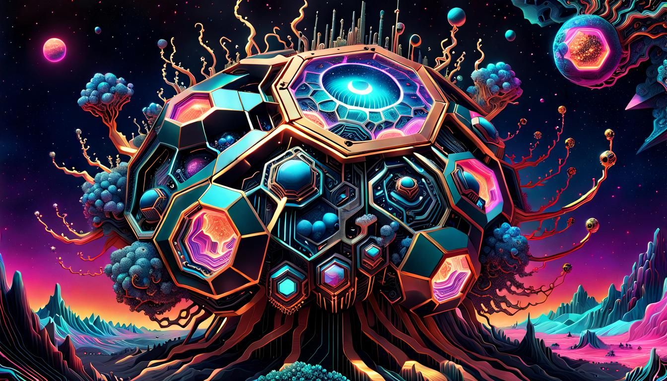 Metallic hexagonal organisms growing in neon biomechanical planetscape