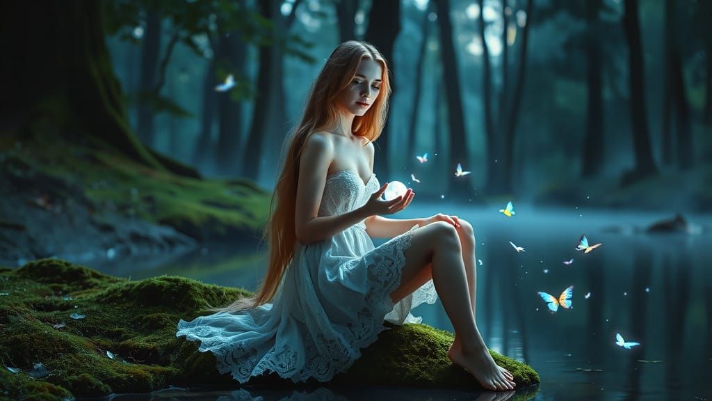 Celestial Fairy in Moonlit Forest with Crystal Apple
