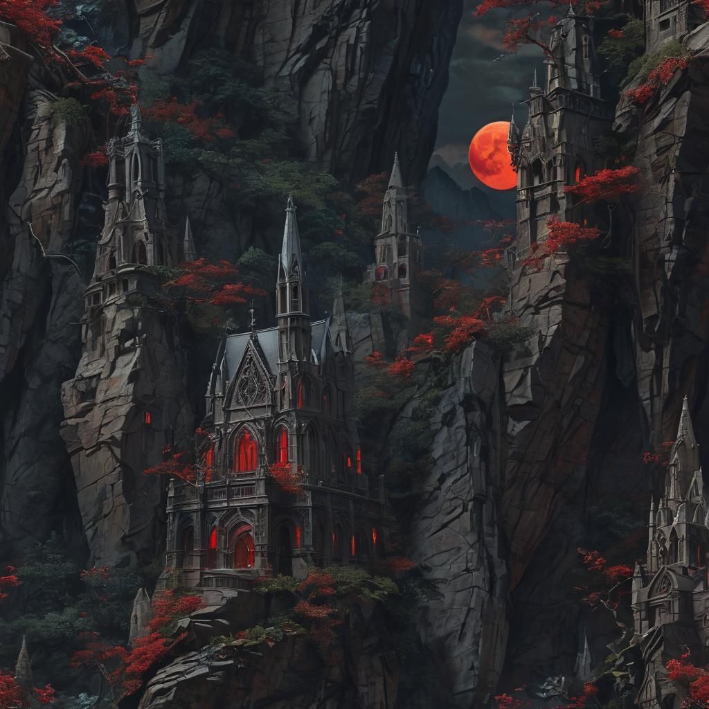 Cathedral on Cliff Edge in Dark Fantasy Oil Painting