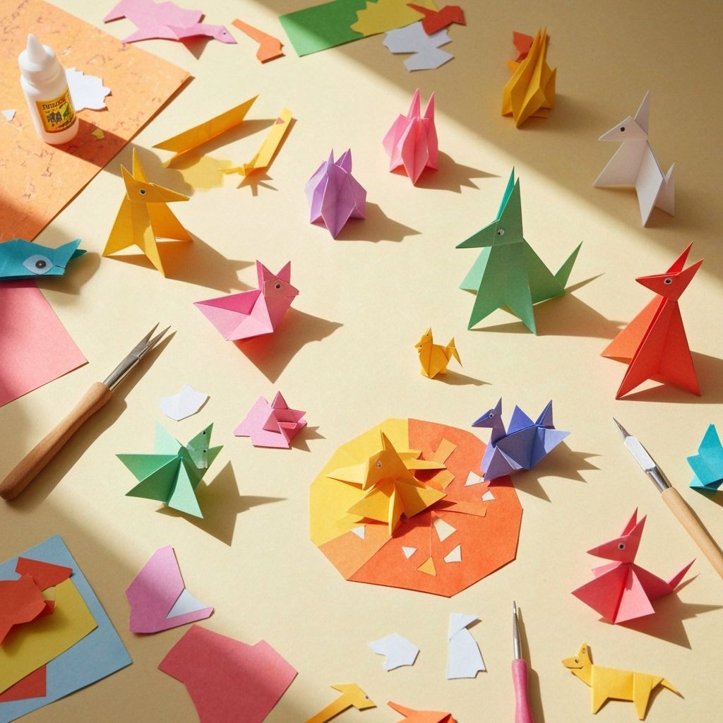 Playful Paper Cut-Out Scene with Origami Animals