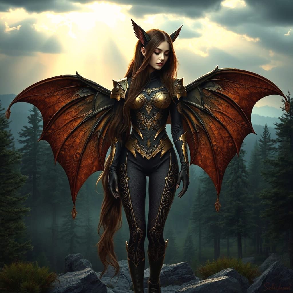 Ethereal Fantasy Goddess with Bat Wings in Lush Forest Lands...