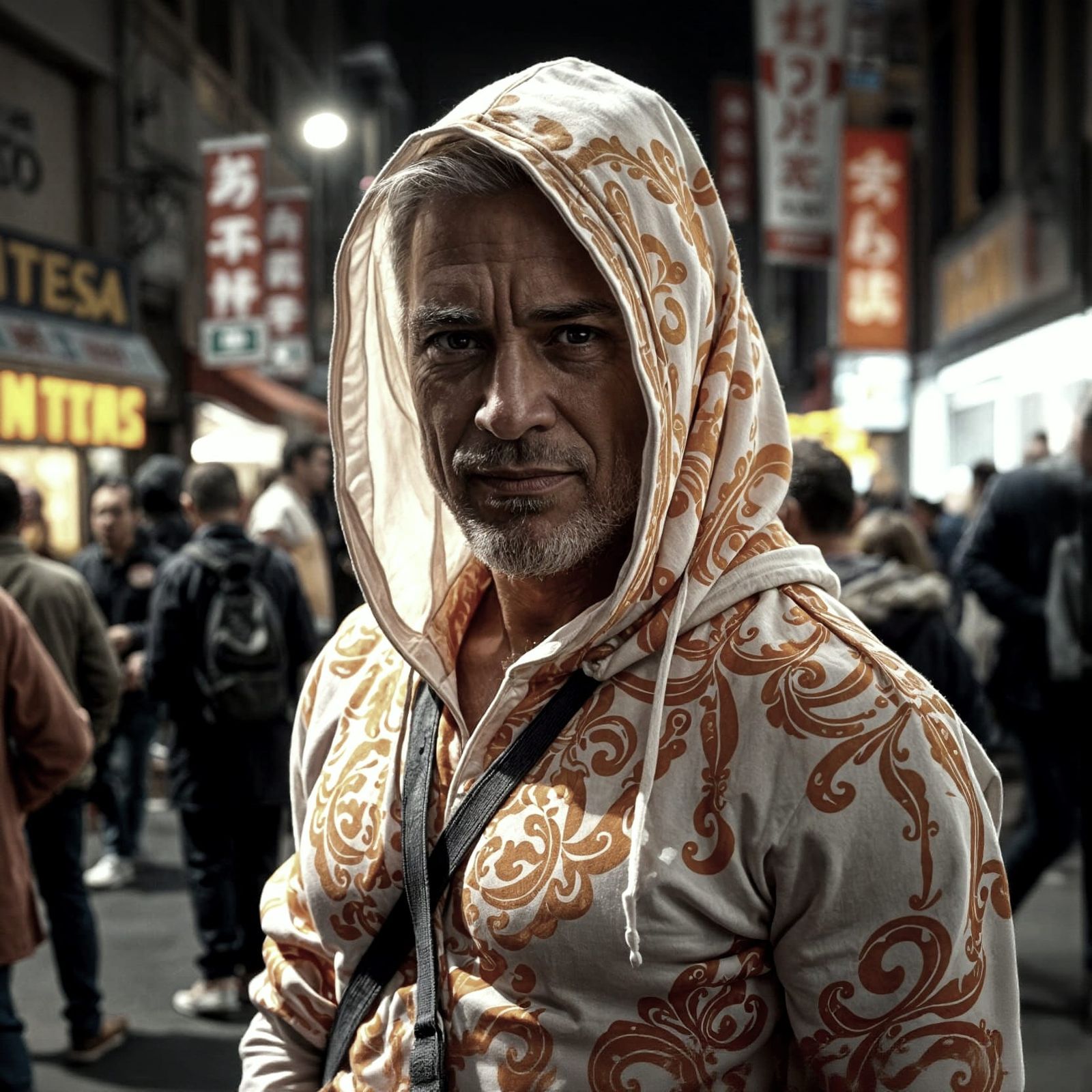 Muscular Man in Hoodie on Crowded Street at Night